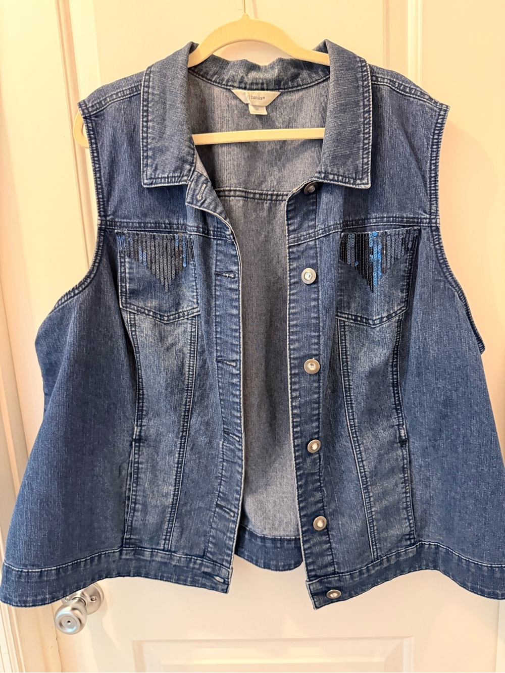 CJ Banks Blue Denim Sleeveless Jacket with Sequin Accents